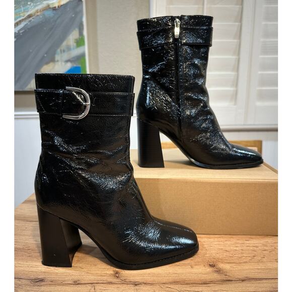 Nine West Tartess Black Boot Leather Size 8 Lightly Worn Square Toe Strap Detail - Picture 2 of 12